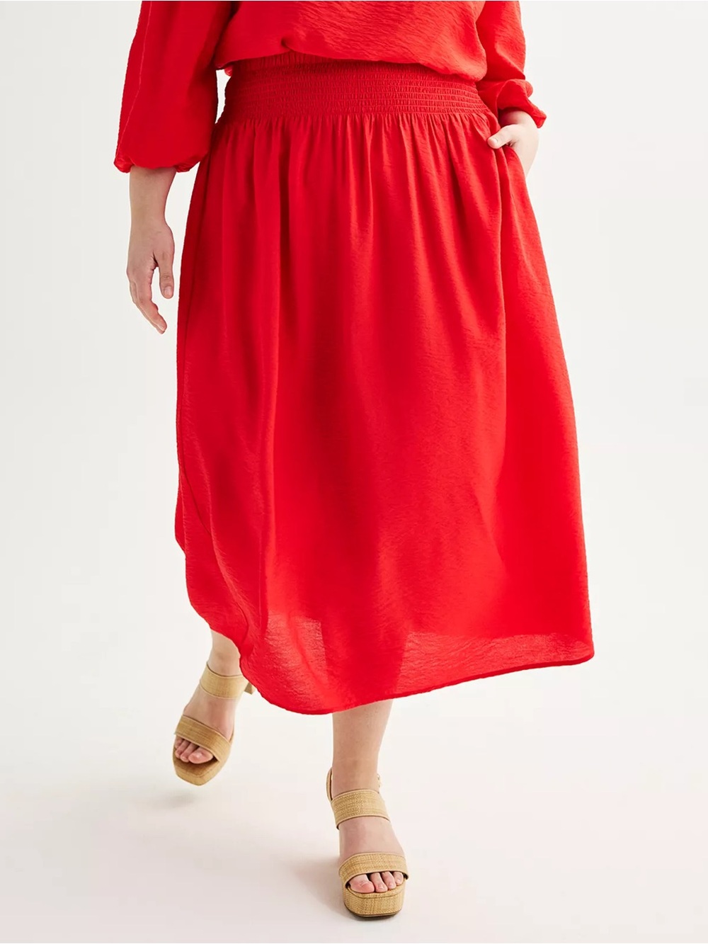 Plus Size Nine West Smocked Waist Midi Skirt Cosmic Lava 2X